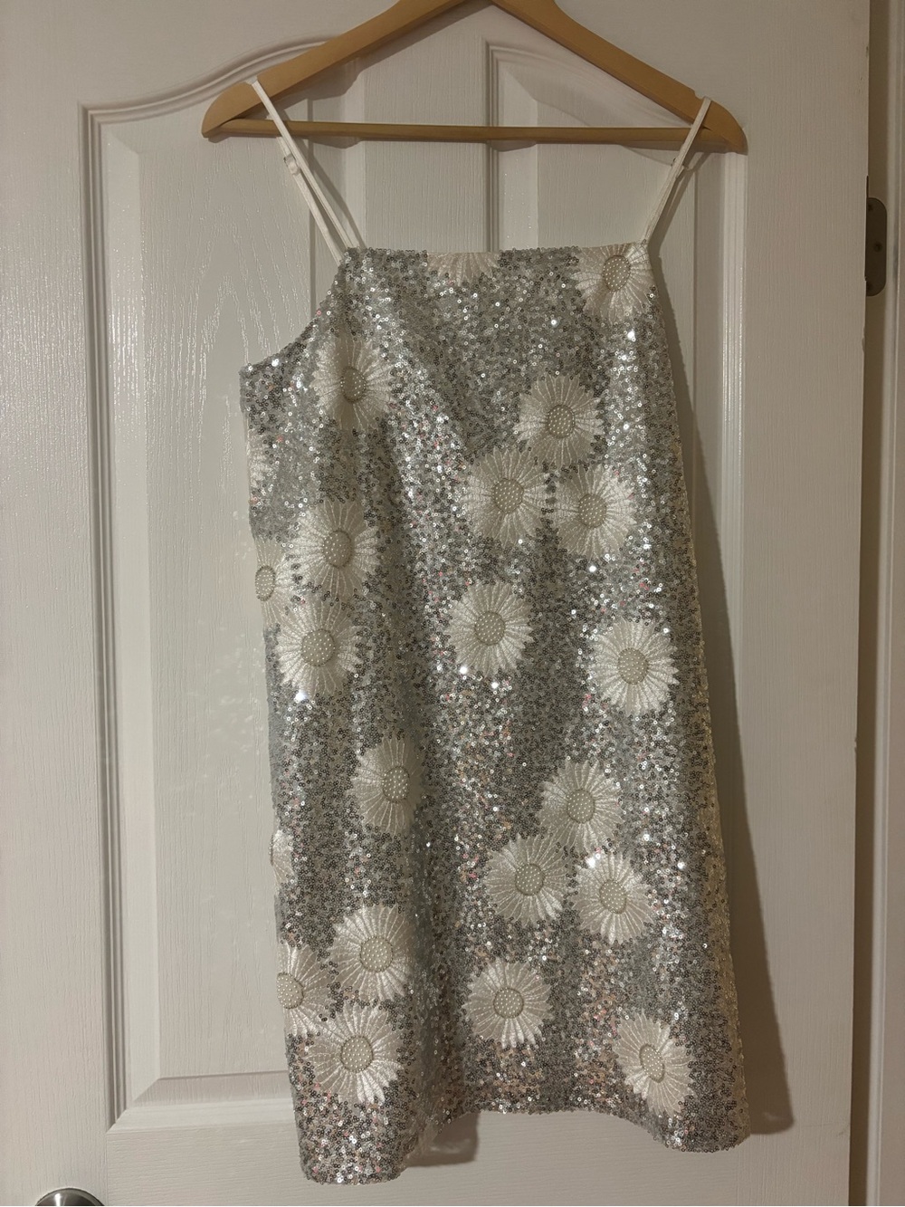 Storia Silver Sequin Slip Dress with White Daisy Embroidery